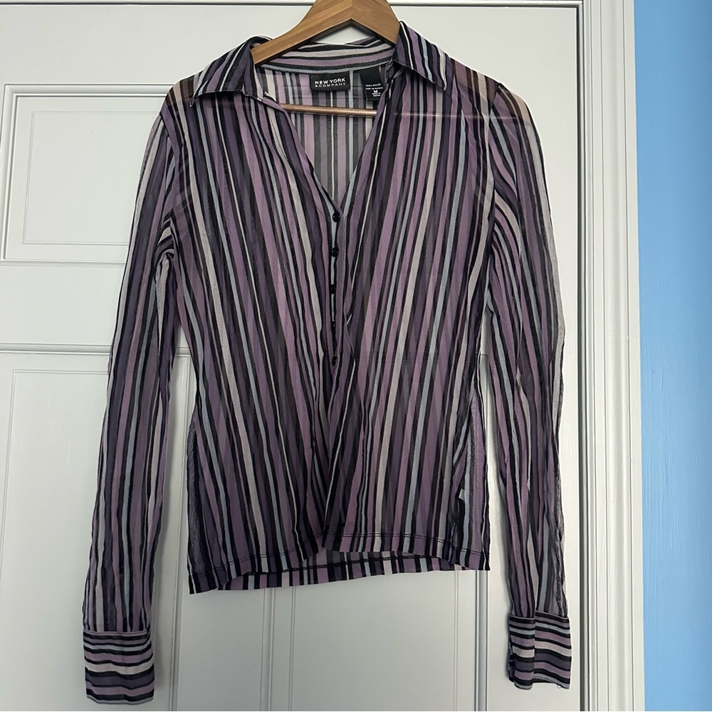 New York & Company Striped Sheer Button-Up Blouse - Black and Pink